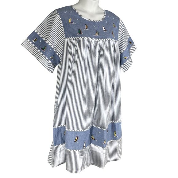 National Women 2X Chambray Striped Nautical Embroidery Dress Costal Beachy Artsy - Picture 5 of 15